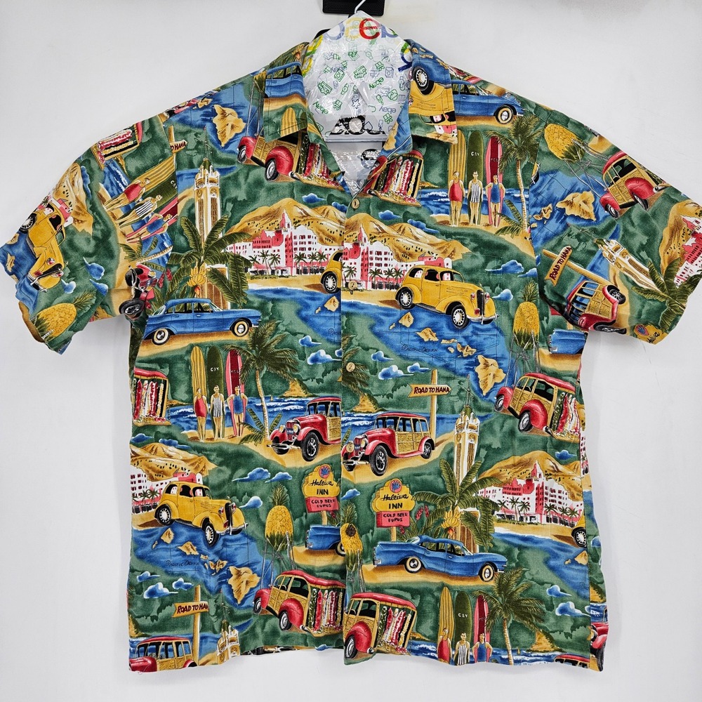 Vintage RJC Hawaiian Shirt Mens XL Road To Hana Woody Surfboards Short Sleeve
